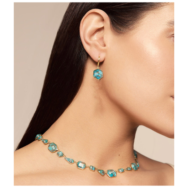 Hoop earring with hexagonal turquoise in sterling silver with 18k gold vermeil Image 2 Midtown Jewelers Herndon, VA