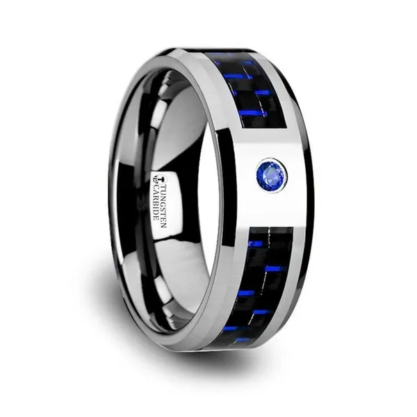 CARBON FIBER & BLUE SAPPHIRE TUNGSTEN BAND Miller's Fine Jewelers Moses Lake, WA