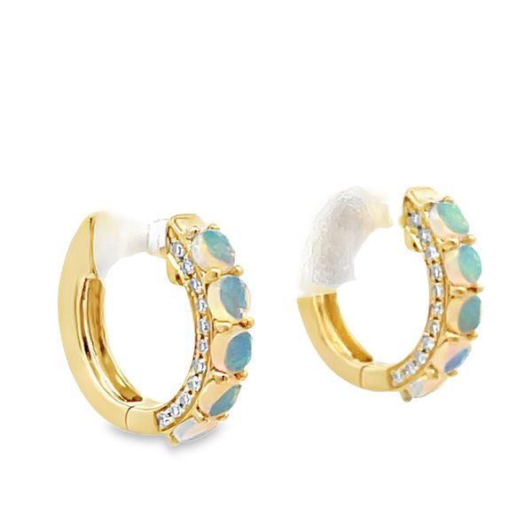 Opal & Diamond Huggie Hoop Earrings Image 2 Miner's Den Jewelers Royal Oak, MI