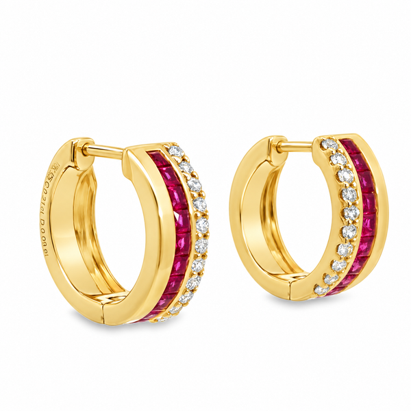 18K Ruby & Diamond Huggie Hoop Earrings Image 2 Miner's Den Jewelers Royal Oak, MI
