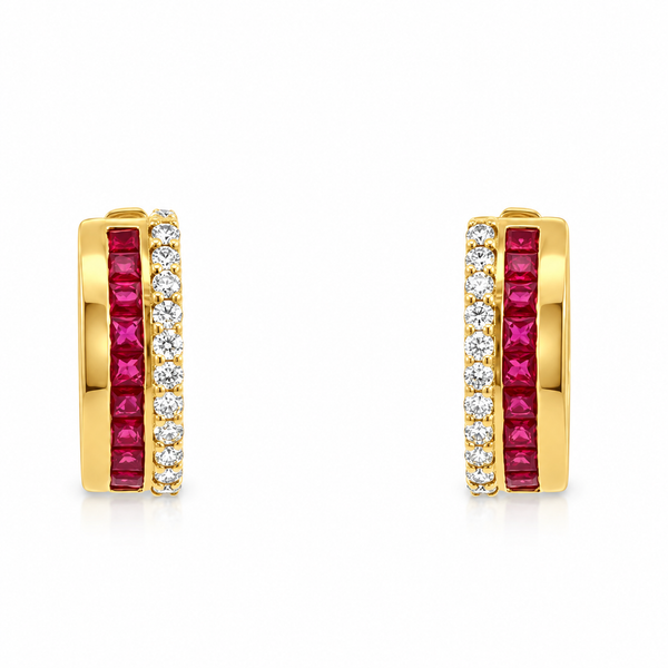 18K Ruby & Diamond Huggie Hoop Earrings Miner's Den Jewelers Royal Oak, MI