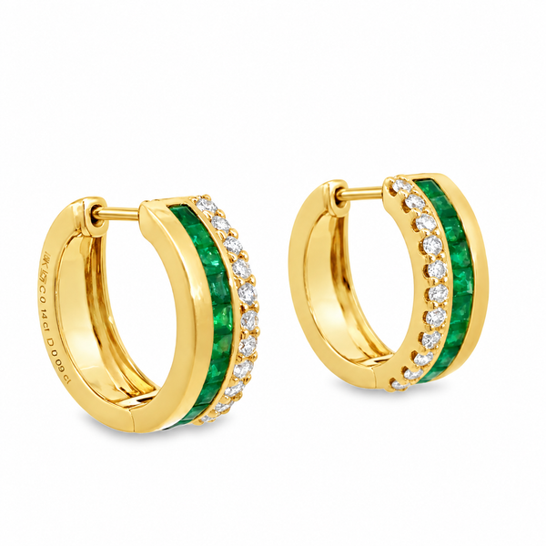 18K Emerald & Diamond Huggie Hoop Earrings Image 2 Miner's Den Jewelers Royal Oak, MI