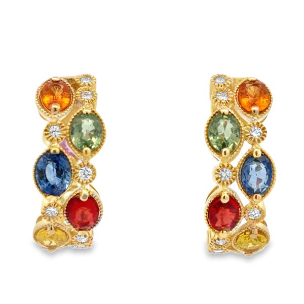 Multi Color Sapphire & Diamond Hoop Earrings Image 2 Miner's Den Jewelers Royal Oak, MI