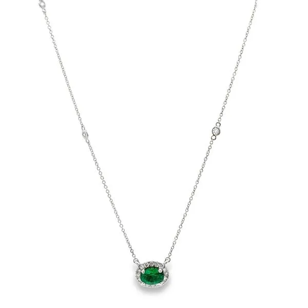 Emerald & Diamond Halo Station Necklace Image 2 Miner's Den Jewelers Royal Oak, MI