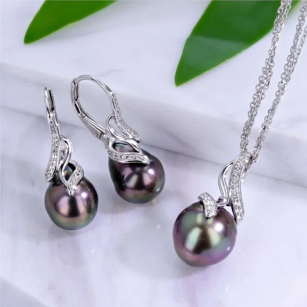 Black Tahitian Pearl Earrings with White Topaz in Sterlin...