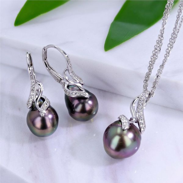 Black Tahitian Pearl Earrings with White Topaz in Sterling Silver Image 2 Miner's Den Jewelers Royal Oak, MI