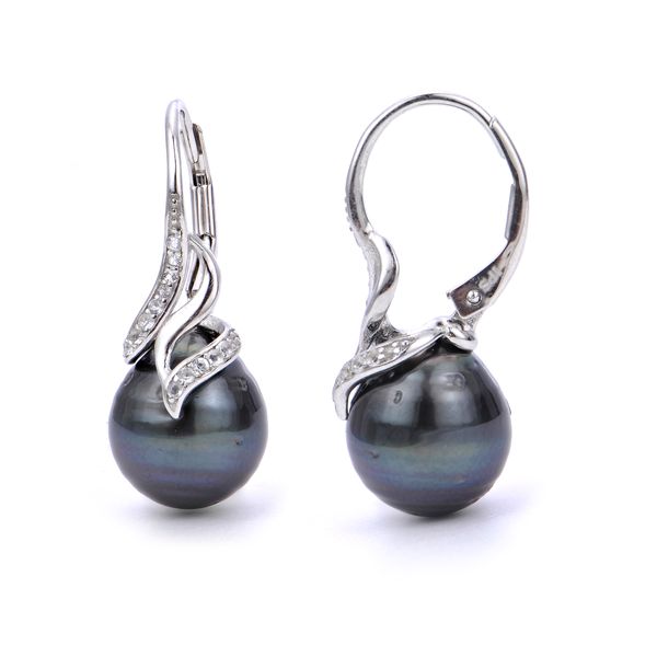 Black Tahitian Pearl Earrings with White Topaz in Sterling Silver Miner's Den Jewelers Royal Oak, MI