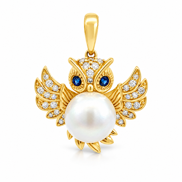 Pearl, Sapphire, & Diamond Owl Pendant Miner's Den Jewelers Royal Oak, MI