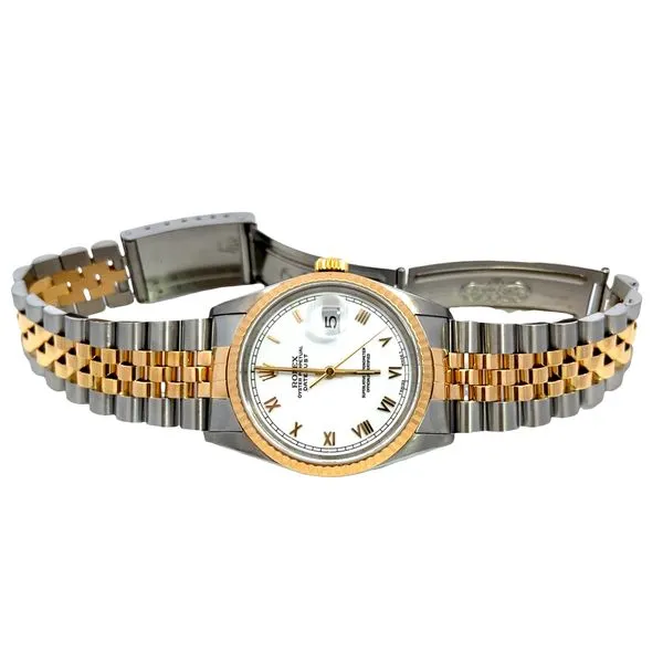 Two Tone Rolex Datejust With White Roman Dial Fluted Bezel Stainless Steel And 18K Yellow Automatic Watch Image 2 Miner's Den Jewelers Royal Oak, MI