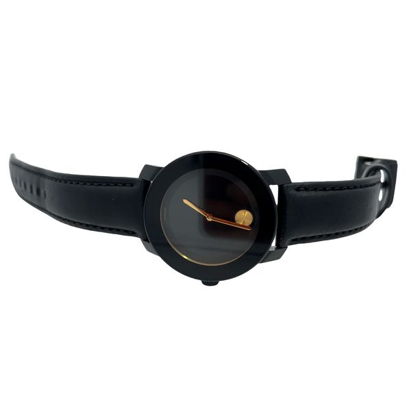 Movado Black Leather Quartz Watch With Black Face Gold Hands Image 3 Miner's Den Jewelers Royal Oak, MI