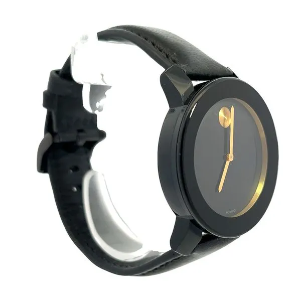 Movado Black Leather Quartz Watch With Black Face Gold Hands Miner's Den Jewelers Royal Oak, MI