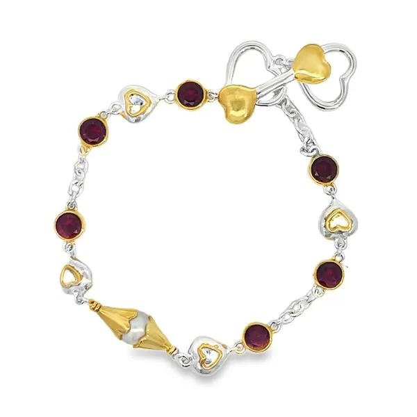 Two Tone Sterling Silver Vermeil Fancy Link Bracelet With Garnet and Freshwater Pearl Miner's Den Jewelers Royal Oak, MI