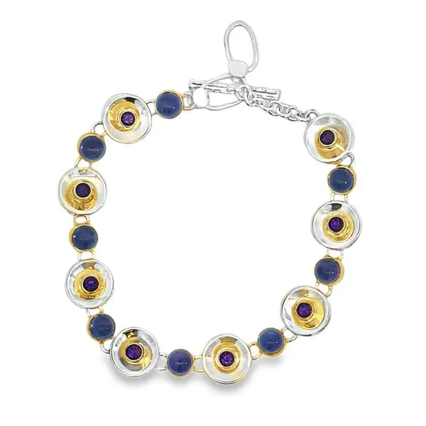 Two Tone Sterling Silver Vermeil Fancy Link Bracelet With African Amethyst and Blue Topaz Miner's Den Jewelers Royal Oak, MI