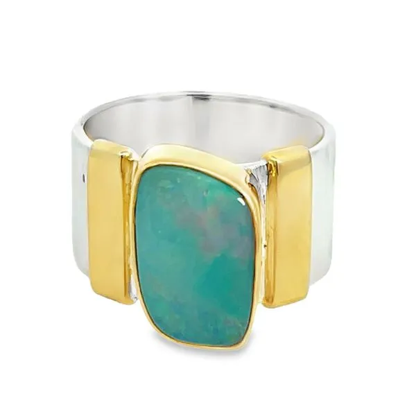 Two Tone Sterling Silver Vermeil Brushed Ring With One Opal Miner's Den Jewelers Royal Oak, MI