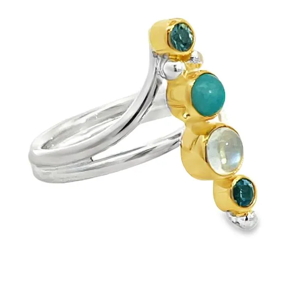 Two Tone Sterling Silver Vermeil Gemstone Ring With Blue Amazonite, Blue Topaz, and Moonstone Image 2 Miner's Den Jewelers Royal Oak, MI