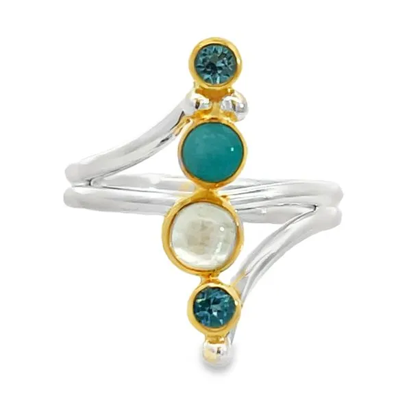 Two Tone Sterling Silver Vermeil Gemstone Ring With Blue Amazonite, Blue Topaz, and Moonstone Miner's Den Jewelers Royal Oak, MI
