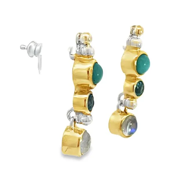 Two Tone Sterling Silver Vermeil Post Earrings With Blue Amazonite, Baby Blue Topaz, and Rainbow Moonstone Image 2 Miner's Den Jewelers Royal Oak, MI