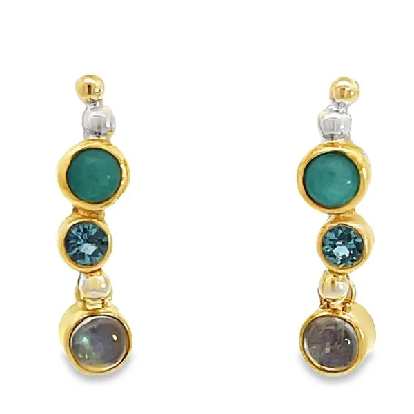 Two Tone Sterling Silver Vermeil Post Earrings With Blue Amazonite, Baby Blue Topaz, and Rainbow Moonstone Miner's Den Jewelers Royal Oak, MI