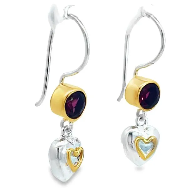 Two Tone Sterling Silver Vermeil Heart Dangle Earrings With Rhodolite Garnet Image 2 Miner's Den Jewelers Royal Oak, MI