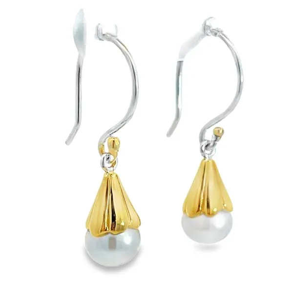 Two Tone Sterling Silver Vermeil Dangle Earrings With Freshwater Pearl Image 2 Miner's Den Jewelers Royal Oak, MI
