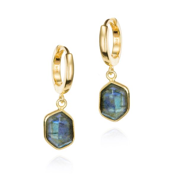 Hoop Earring with Hexagonal Labradorite in 18k Gold Vermeil Miner's Den Jewelers Royal Oak, MI