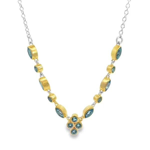 Two Tone Sterling Silver Vermeil Station Necklace With Blue Topaz Miner's Den Jewelers Royal Oak, MI