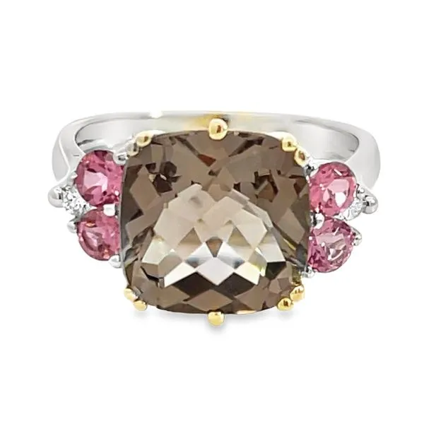 Smokey Quartz, Pink Topaz and Diamond Ring