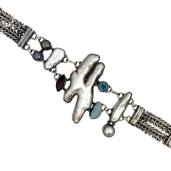 Large Freshwater Pearl, Black Pearls, Garnet, Blue Topaz, And Opal Fancy Link Bracelet Miner's Den Jewelers Royal Oak, MI