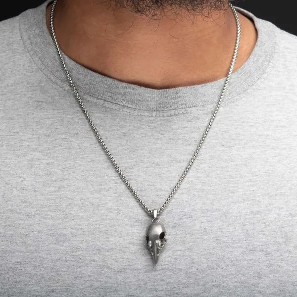 Distressed Matte Steel Crow Skull Pendant with Chain Image 2 Miner's Den Jewelers Royal Oak, MI