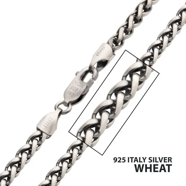 4mm 925 Italy Silver Black Rhodium Plated Brushed Satin Finish Wheat Chain Necklace similar item image