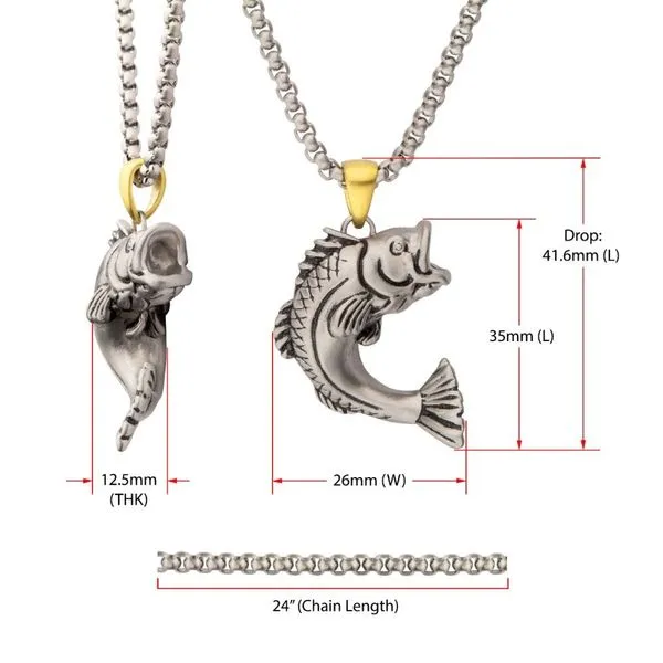 Antiqued Matte Finish Steel Largemouth Bass Pendant Image 2 Miner's Den Jewelers Royal Oak, MI