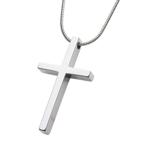 Tungsten Carbide Cross Pendant with Steel Snake Chain Image 2 Miner's Den Jewelers Royal Oak, MI