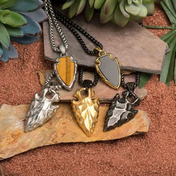 Gold IP Chiseled Arrowhead Pendant with Box Chain Image 2 Miner's Den Jewelers Royal Oak, MI