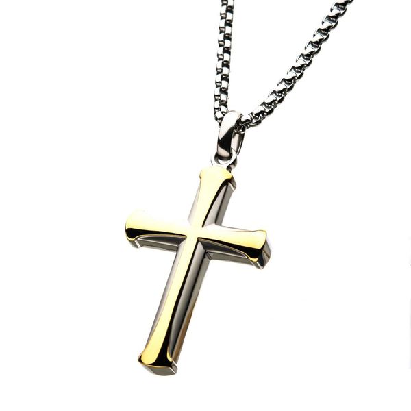 Stainless Steel Gold IP Apostle Cross Pendant with Chain Image 2 Miner's Den Jewelers Royal Oak, MI