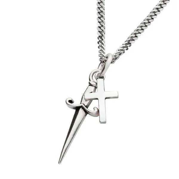 925 Silver Oxidized Dagger & Cross Duo Pendant with Curb Chain Image 2 Miner's Den Jewelers Royal Oak, MI