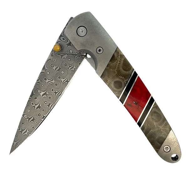 Pocket Knife Damascus 4\ Liner Lock Petoskey Stone, Jet a...