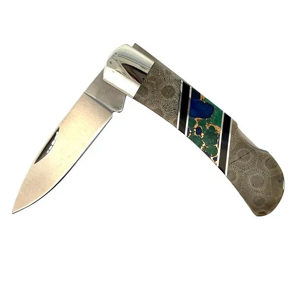 Pocket Knife Lock Back Petoskey Stone and Azurite Miner's Den Jewelers Royal Oak, MI