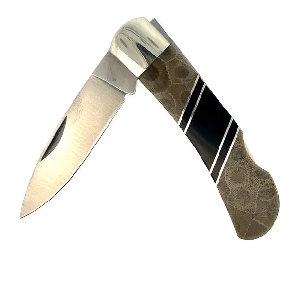 Pocket Knife 3\ Lock Back With Petoskey and Onyx Inlay