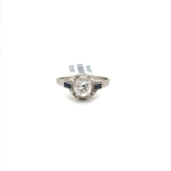 18K White Gold Estate c. 1930's Filigree and Milgrain Diamond and Sapphire Engagement Ring Minor Jewelry Inc. Nashville, TN