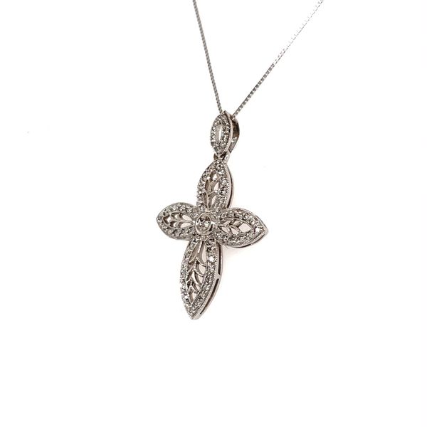 14K White Gold Estate Diamond Filigree Cross Pendant Necklace Image 2 Minor Jewelry Inc. Nashville, TN