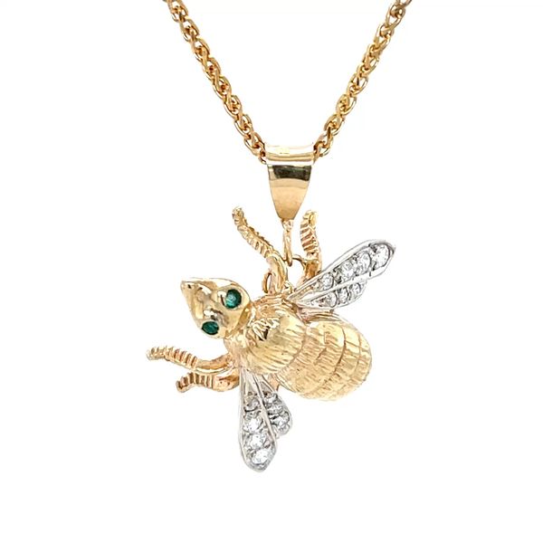 14K Yellow Gold Diamond & Emerald Bee Pendant Necklace Minor Jewelry Inc. Nashville, TN