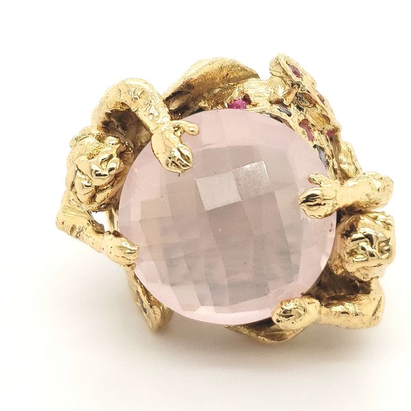 18K Yellow Gold Estate Rose Quartz, Ruby, and Sapphire Cherub Ring Image 3 Minor Jewelry Inc. Nashville, TN