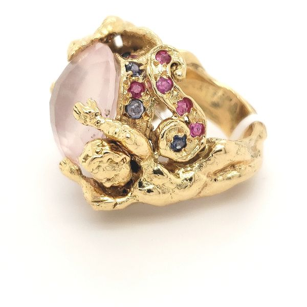 18K Yellow Gold Estate Rose Quartz, Ruby, and Sapphire Cherub Ring Minor Jewelry Inc. Nashville, TN
