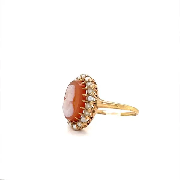 14K Yellow Gold Estate Cameo Ring with Pearl Halo