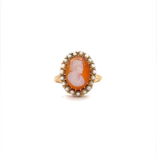 14K Yellow Gold Estate Cameo Ring with Pearl Halo
