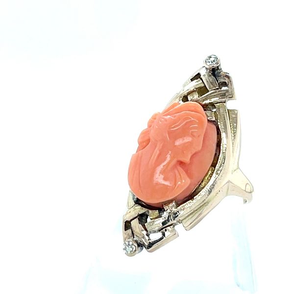 10K Yellow Gold Estate Pink Coral and Swiss-Cut Diamonds Ring Image 3 Minor Jewelry Inc. Nashville, TN