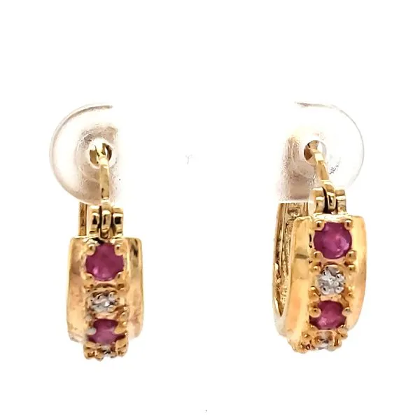 Gold Plated Sterling Silver Estate Ruby and Diamond Hoop Earrings Image 2 Minor Jewelry Inc. Nashville, TN