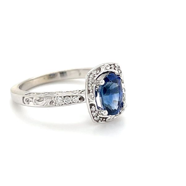 14K White Gold Blue Sapphire and Diamond Antique Style Filigree Engagement Ring Image 2 Minor Jewelry Inc. Nashville, TN