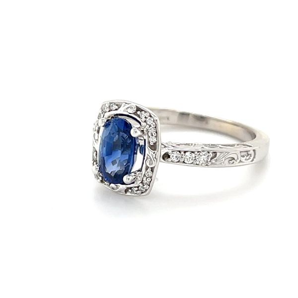 14K White Gold Blue Sapphire and Diamond Antique Style Filigree Engagement Ring Image 3 Minor Jewelry Inc. Nashville, TN
