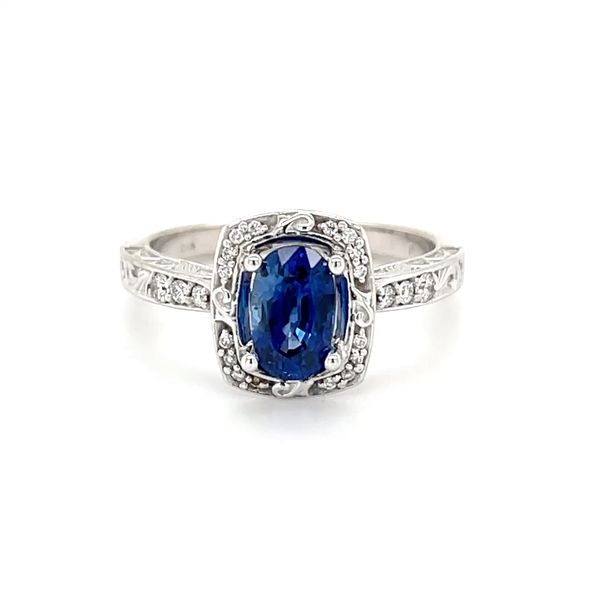 14K White Gold Blue Sapphire and Diamond Antique Style Filigree Engagement Ring Minor Jewelry Inc. Nashville, TN